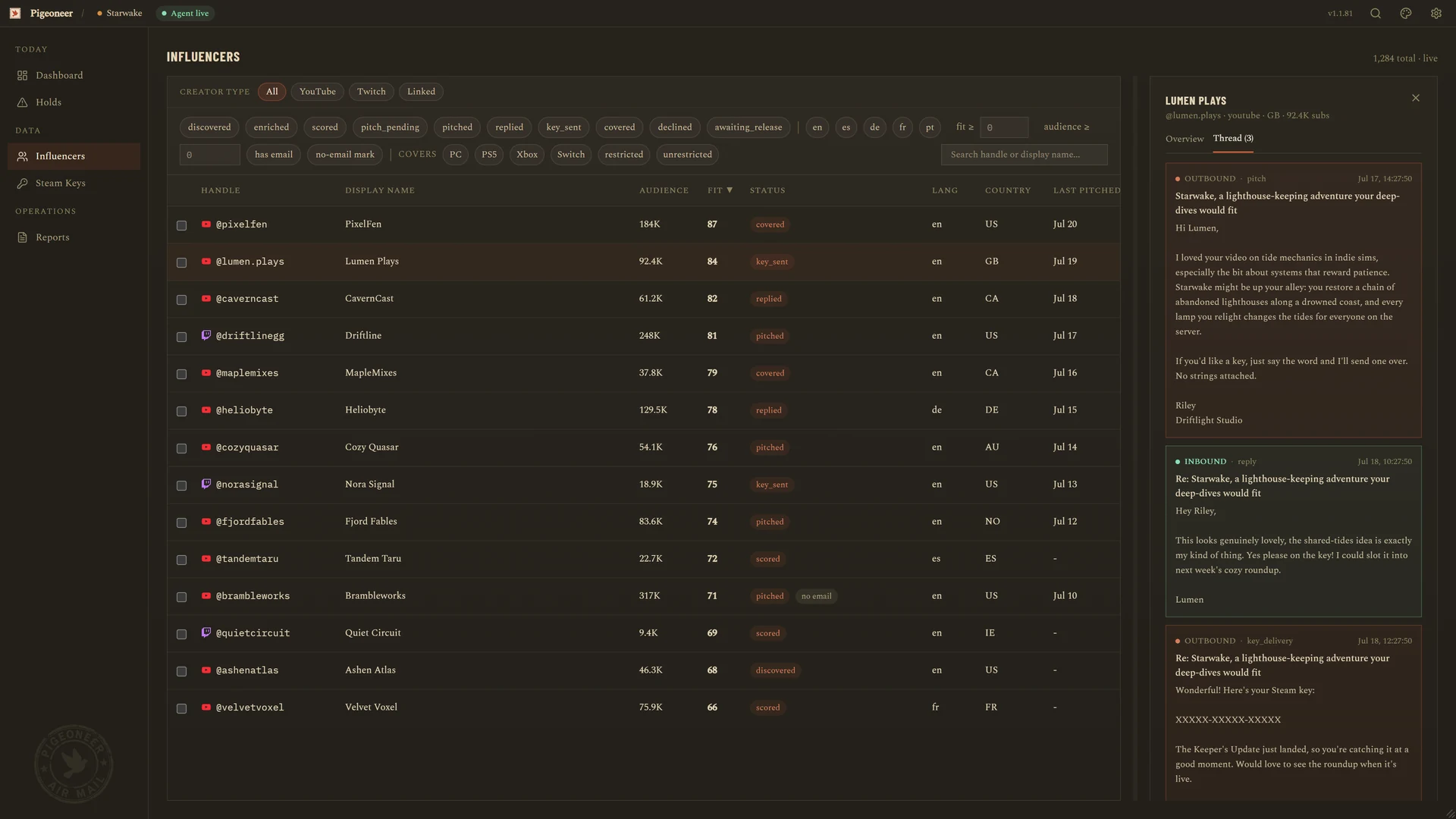 The creator list with a reply thread open: pitch, positive reply, and key delivery