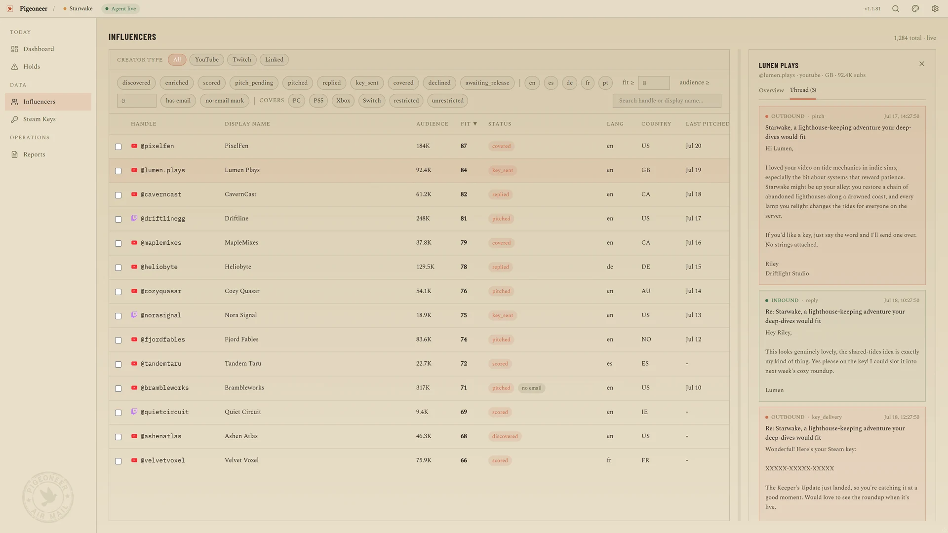 The creator list with a reply thread open: pitch, positive reply, and key delivery
