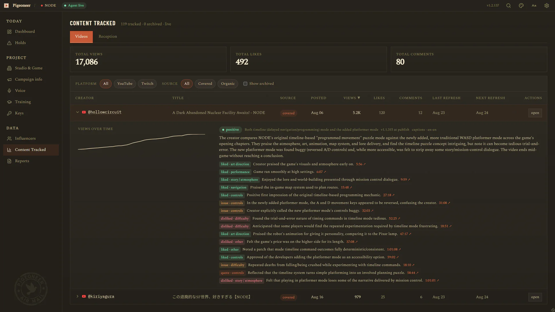 One tracked video opened up: the agent's summary of the playthrough, then a list of findings tagged liked, issue, disliked or quote, each with the timestamp it happened at